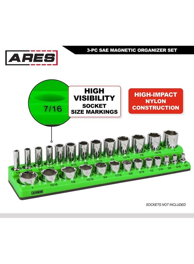 ARES 60037 3 Piece SAE Magnetic Socket Organizer Set Green Includes 1/4", 3/8", 1/2" Socket Holder for 68 Standard (Flat) and Deep Sockets Also Available in Red - Image 4