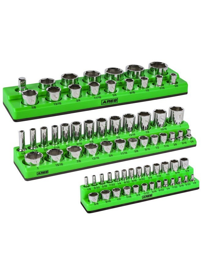 ARES 60037 3 Piece SAE Magnetic Socket Organizer Set Green Includes 1/4", 3/8", 1/2" Socket Holder for 68 Standard (Flat) and Deep Sockets Also Available in Red - Image 1