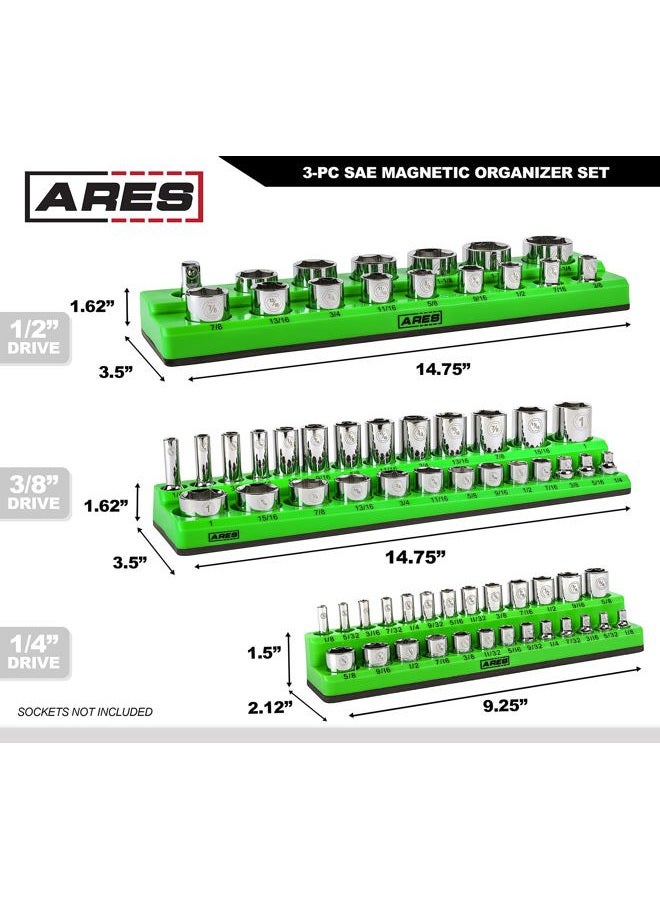 ARES 60037 3 Piece SAE Magnetic Socket Organizer Set Green Includes 1/4", 3/8", 1/2" Socket Holder for 68 Standard (Flat) and Deep Sockets Also Available in Red - Image 5