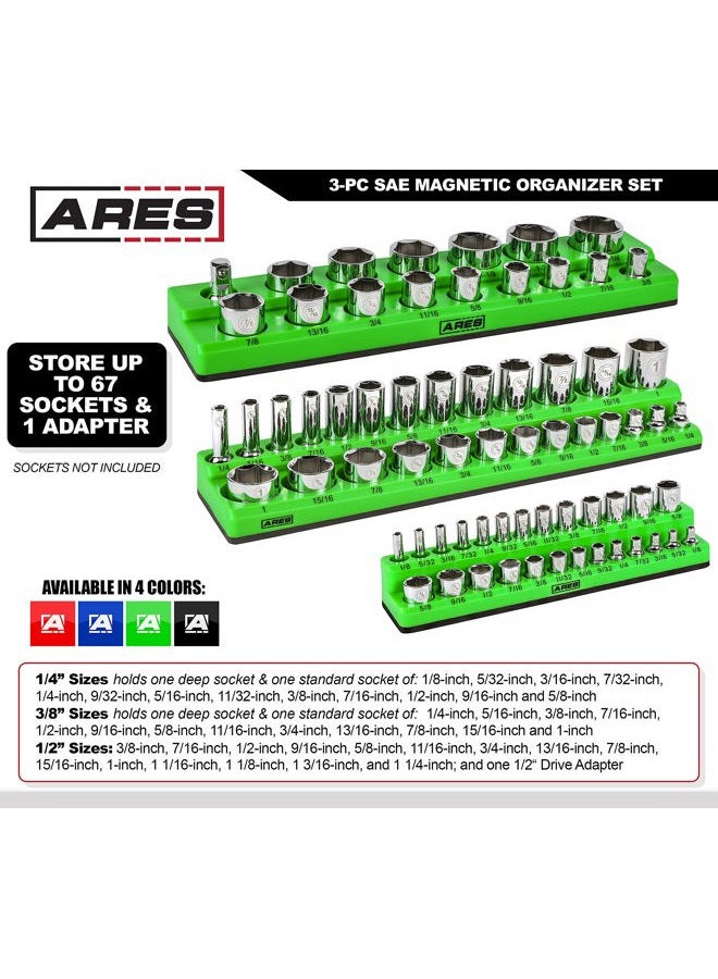 ARES 60037 3 Piece SAE Magnetic Socket Organizer Set Green Includes 1/4", 3/8", 1/2" Socket Holder for 68 Standard (Flat) and Deep Sockets Also Available in Red - Image 2