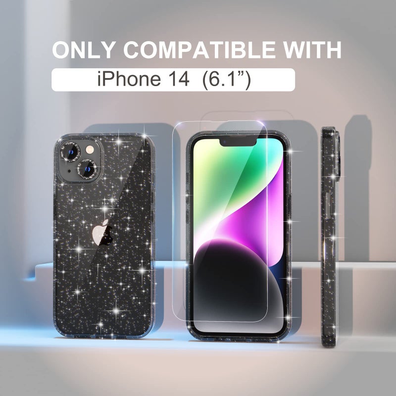 Choiche Compatible for iPhone 14 Case Women Phone Case, Cute Bling Sparkly, Military Grade Drop Protection, 2 Diamond Camera Lens Covers, 2 Tempered Glass Protectors, 6.1 inch (Glitter Black) - Image 2