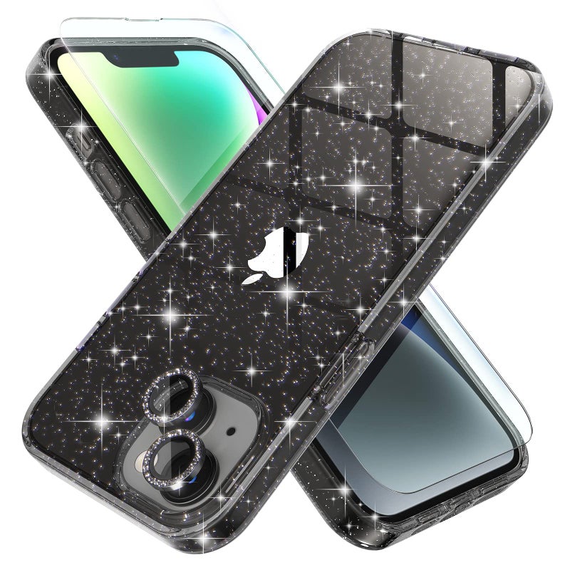Choiche Compatible for iPhone 14 Case Women Phone Case, Cute Bling Sparkly, Military Grade Drop Protection, 2 Diamond Camera Lens Covers, 2 Tempered Glass Protectors, 6.1 inch (Glitter Black) - Image 1
