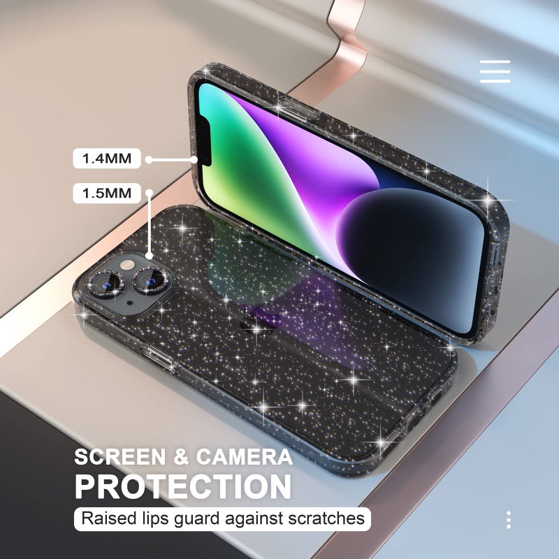 Choiche Compatible for iPhone 14 Case Women Phone Case, Cute Bling Sparkly, Military Grade Drop Protection, 2 Diamond Camera Lens Covers, 2 Tempered Glass Protectors, 6.1 inch (Glitter Black) - Image 4