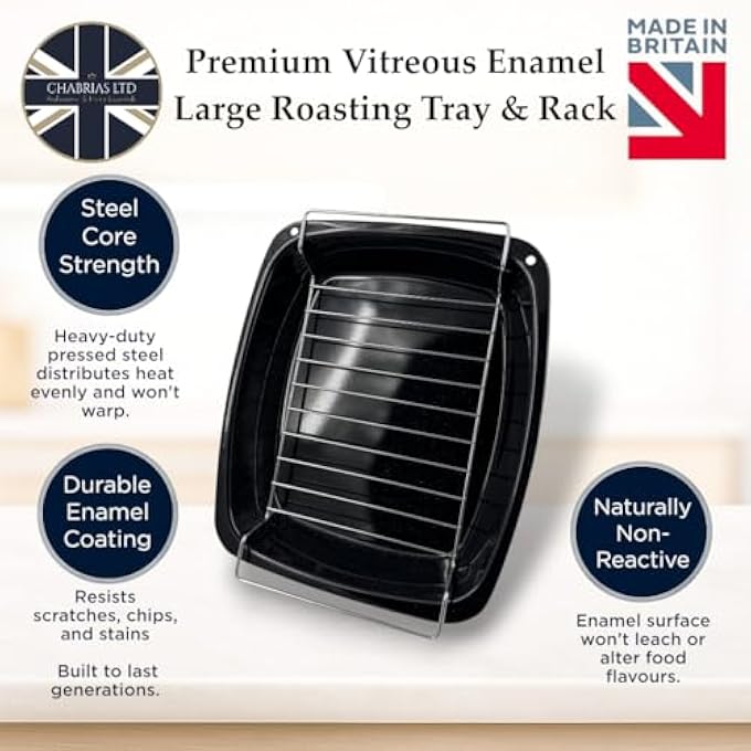 Chabrias Ltd 37Cm Vitreous Enamel Roasting Pan Tray  Rack Made In England Black Gbb045424 - Image 3