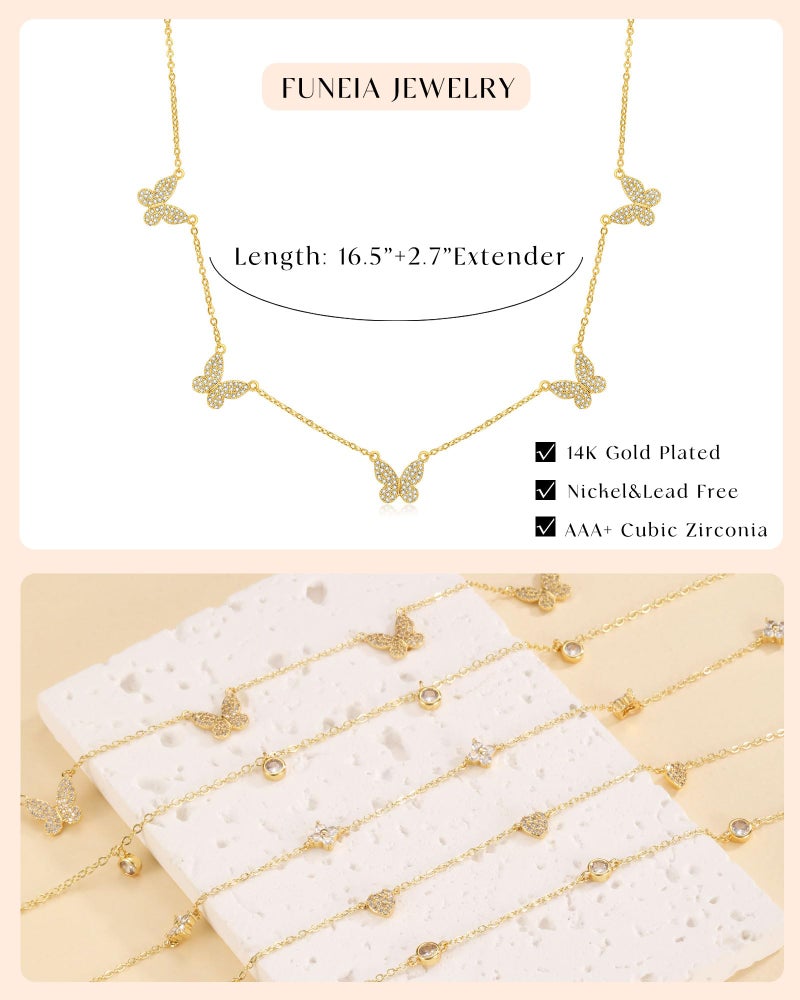 FUNEIA Dainty Silver Gold Necklaces for Women Trendy Non Tarnish 14K Gold Plated Cubic Zirconia Necklace Layered Cute Butterfly Heart Station Choker Necklace Stack for Wedding Prom Brides Jewelry - Image 5
