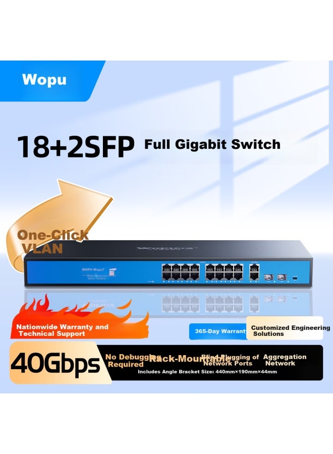 Wopu 18-port Full Gigabit Network Switch, 16/20 Fiber Ports For Commercial Office Use, Network Aggregation And Access Splitter, Monitoring Cable Splitter With Dual Sfp Optical Ports, 1622g - Image 1