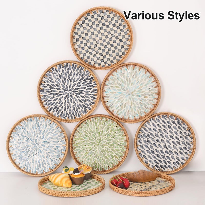 Tynulox Round Rattan Tray with Mother of Pearl Inlay, Rattan Serving Tray for Coffee, Bread, Fruits, Decorative Wicker Tray for Table Decor, Home Decor, Kitchen Island Decor (Dark Blue Fish, 11.8") - Image 3