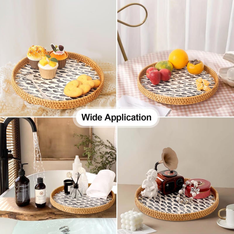 Tynulox Round Rattan Tray with Mother of Pearl Inlay, Rattan Serving Tray for Coffee, Bread, Fruits, Decorative Wicker Tray for Table Decor, Home Decor, Kitchen Island Decor (Dark Blue Fish, 11.8") - Image 2