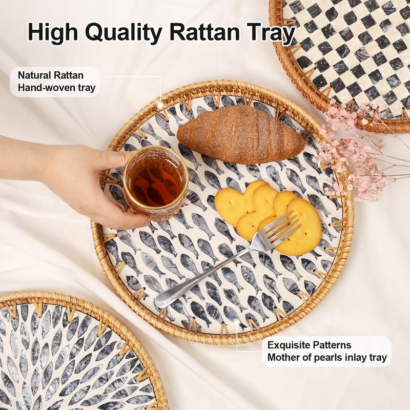 Tynulox Round Rattan Tray with Mother of Pearl Inlay, Rattan Serving Tray for Coffee, Bread, Fruits, Decorative Wicker Tray for Table Decor, Home Decor, Kitchen Island Decor (Dark Blue Fish, 11.8") - Image 5