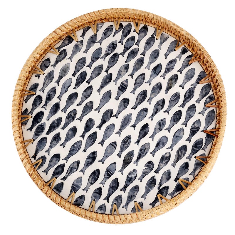 Tynulox Round Rattan Tray with Mother of Pearl Inlay, Rattan Serving Tray for Coffee, Bread, Fruits, Decorative Wicker Tray for Table Decor, Home Decor, Kitchen Island Decor (Dark Blue Fish, 11.8") - Image 1