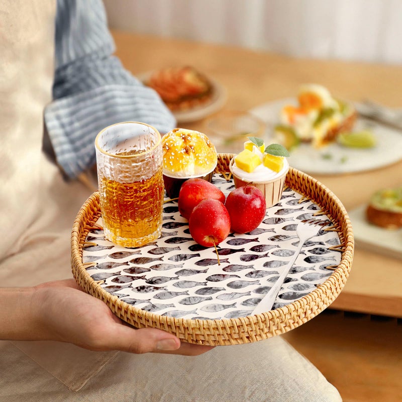 Tynulox Round Rattan Tray with Mother of Pearl Inlay, Rattan Serving Tray for Coffee, Bread, Fruits, Decorative Wicker Tray for Table Decor, Home Decor, Kitchen Island Decor (Dark Blue Fish, 11.8") - Image 4