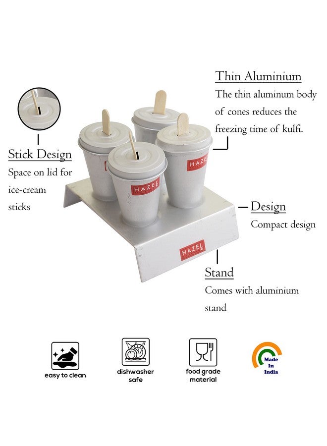 Hazel قالب كولفي من الألمنيوم القابل لإعادة الاستخدام من هازيل | (قالب كولفي - 5 × 9 سم، حامل كولفي - 15.7 × 11.7 × 4 سم) صانع كولفي للأطفال والبالغين | قالب حلوى منزلي (مجموعة 4 قطع مخروطية مع حامل (غطاء ثقب)) - Image 3