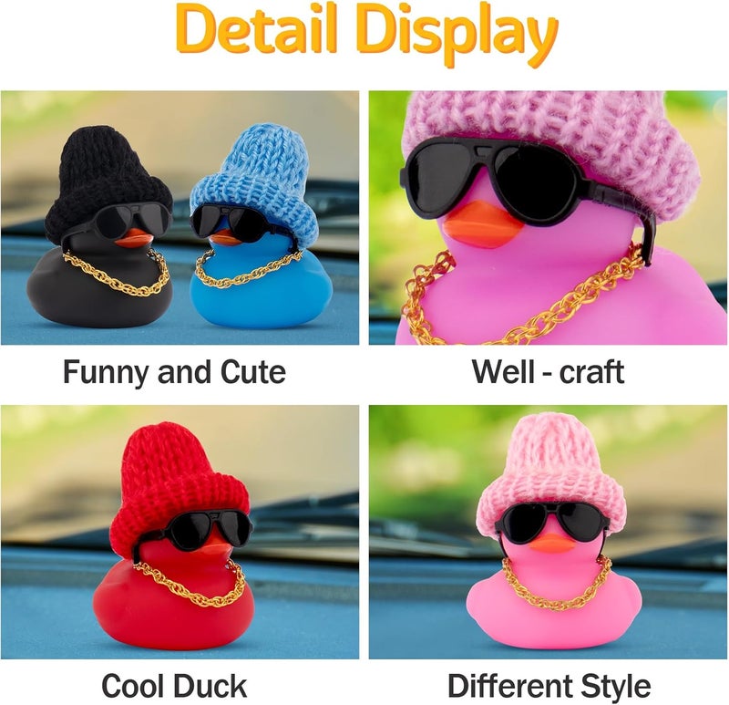 wonuu Car Dashboard Colorful Rubber Ducks, Christmas Eve Decorations Rubber Ducky for Car Ornament Cute Duck with Knit Hat, Glasses, Necklace (Black) - Image 4