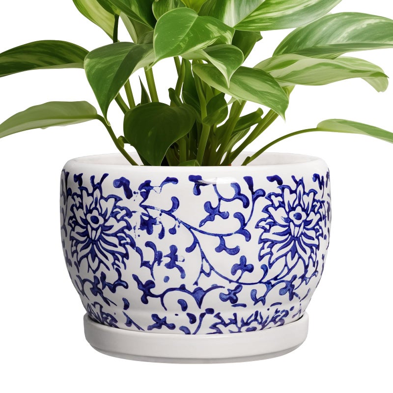 SQOWL Ceramic Pots for Plants - 8 inch Ceramic Planter with Drainage Hole and Saucer, Round Flower Pots for Indoor Plants, Porcelain Planter Outdoor, Porch Decor, Gifts for Women Men, Blue and White - Image 1
