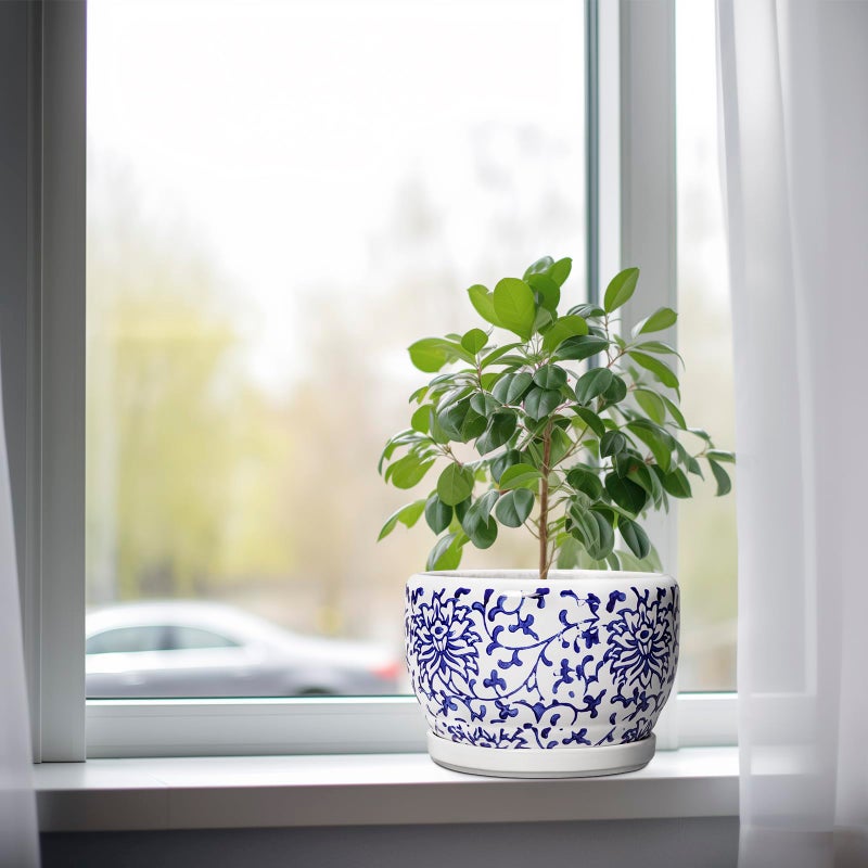 SQOWL Ceramic Pots for Plants - 8 inch Ceramic Planter with Drainage Hole and Saucer, Round Flower Pots for Indoor Plants, Porcelain Planter Outdoor, Porch Decor, Gifts for Women Men, Blue and White - Image 4