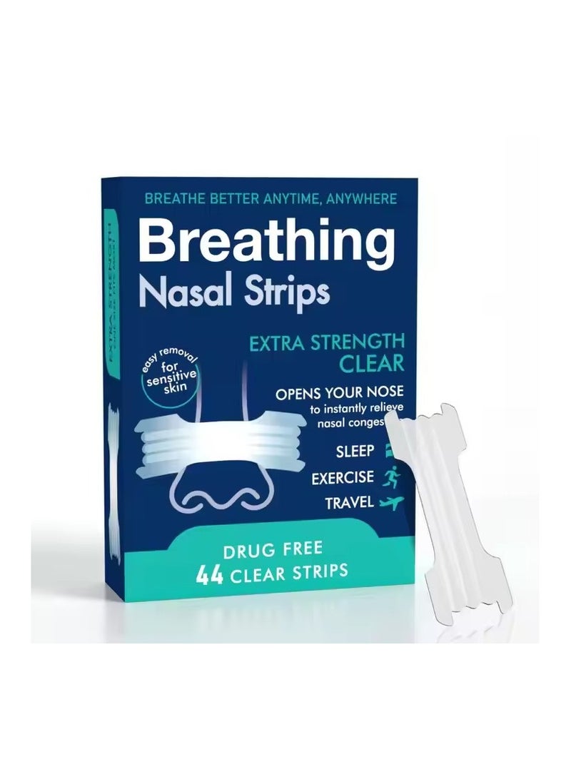 Breathing Nasal Strips Extra Strength Clear – Drug Free, Easy Removal for Sensitive Skin, 44 Strips – Relieves Nasal Congestion, Improves Breathing for Sleep, Exercise & Travel - Image 1