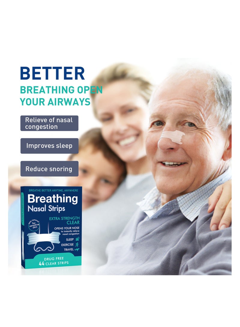Breathing Nasal Strips Extra Strength Clear – Drug Free, Easy Removal for Sensitive Skin, 44 Strips – Relieves Nasal Congestion, Improves Breathing for Sleep, Exercise & Travel - Image 2