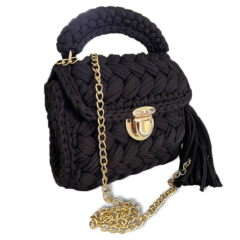 CHQEL Evening Clutch Bag for Women, Handmade Crochet Wedding Party Purse, Small Flap Formal Crossbody Handbag Evening Clutch (BLACK) - Image 1