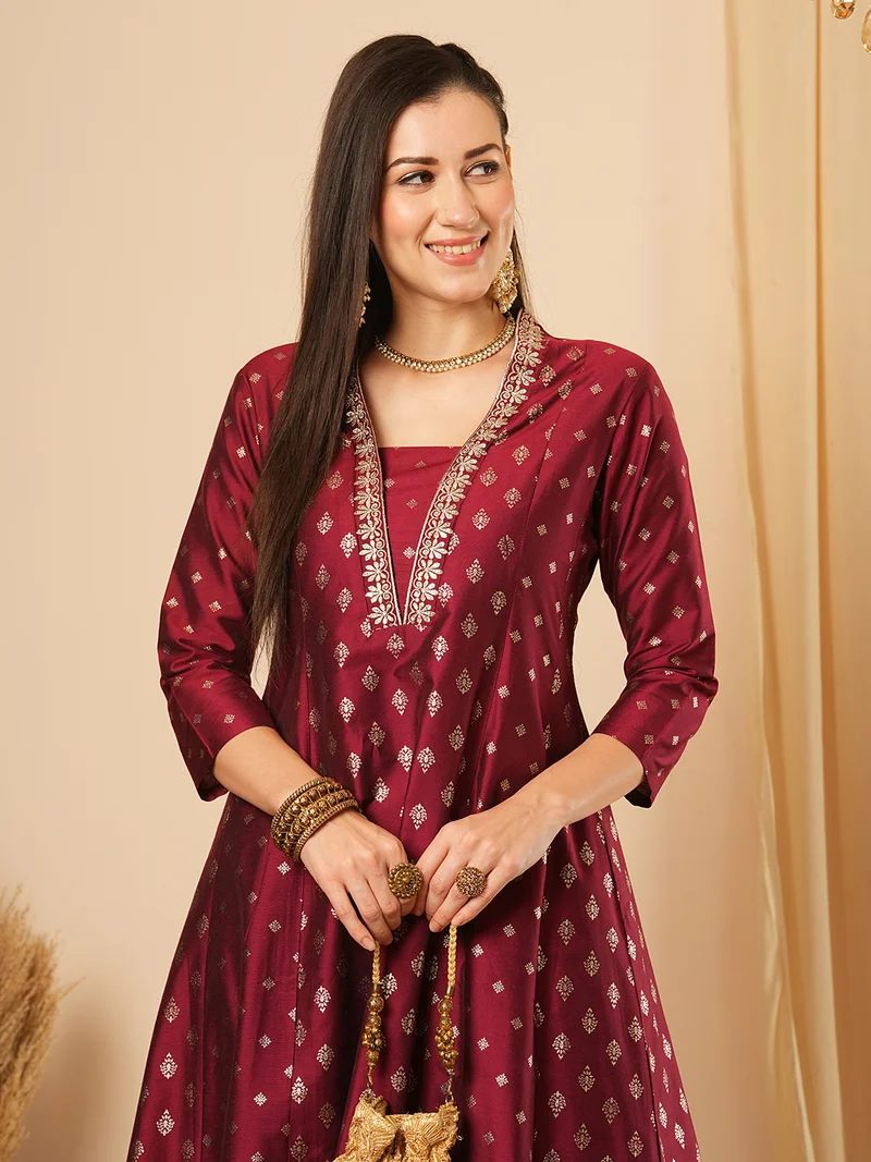 globus Women Ethnic Motifs Printed Panelled Thread Work Kurta With Trousers