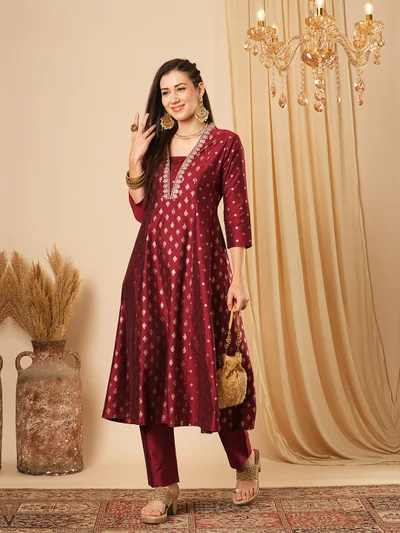 globus Women Ethnic Motifs Printed Panelled Thread Work Kurta With Trousers
