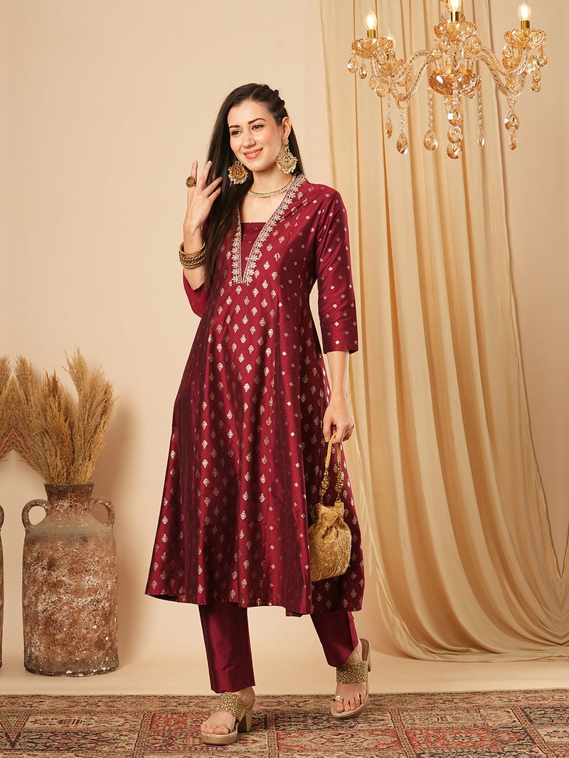 globus Globus Women Ethnic Motifs Printed Panelled Thread Work Kurta With Trousers - Image 1