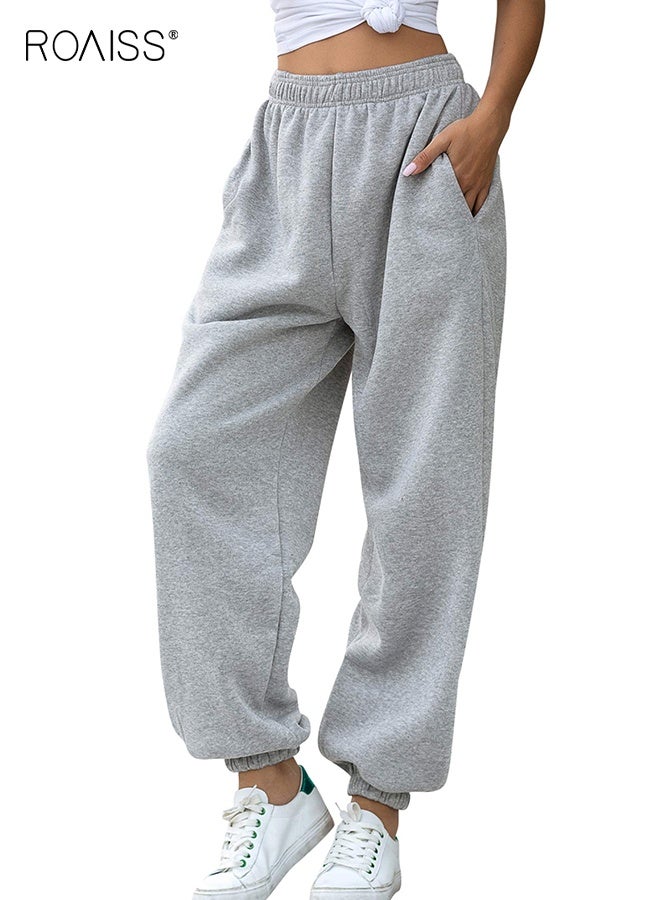 رويس بنطلون رياضي نسائي بجيوب من الأسفل بقصة ضيقة وخصر مرتفع مناسب للصالة الرياضية، بنطلون رياضي مريح، بنطلون بسيط غير رسمي وفضفاض للاسترخاء في المنزل - Image 1