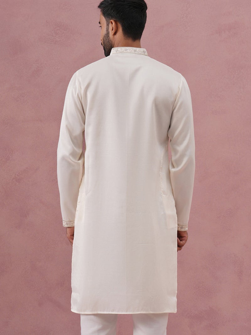 NOZ2TOZ White Silk Blend Embroidered Kurta for Men - Image 3