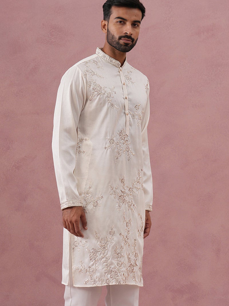 NOZ2TOZ White Silk Blend Embroidered Kurta for Men - Image 4