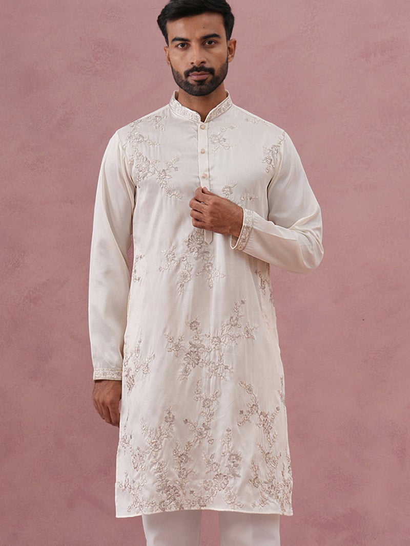 NOZ2TOZ White Silk Blend Embroidered Kurta for Men - Image 2
