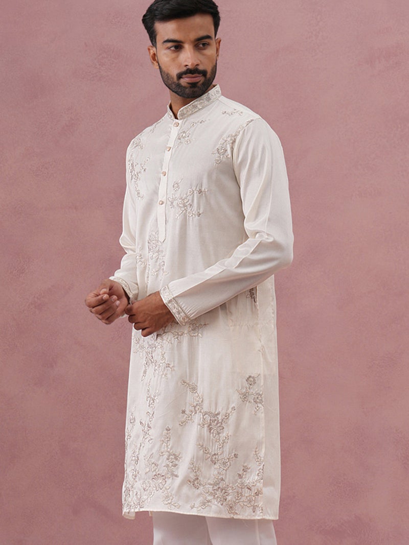 NOZ2TOZ White Silk Blend Embroidered Kurta for Men - Image 1