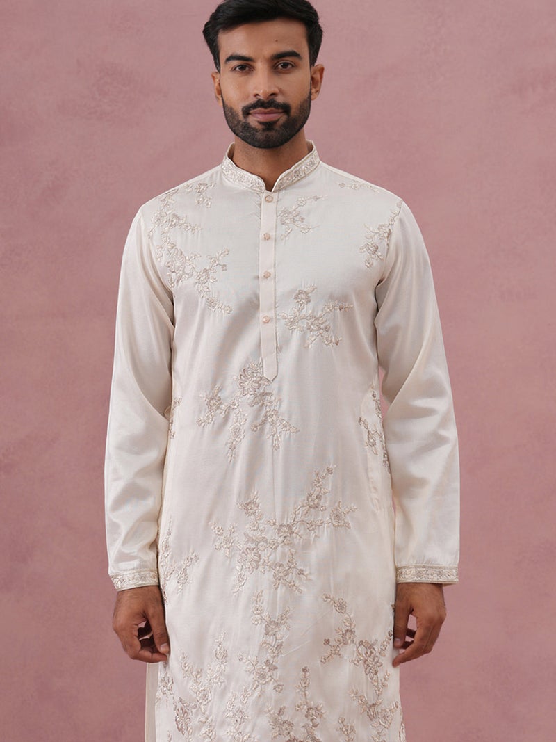 NOZ2TOZ White Silk Blend Embroidered Kurta for Men - Image 5