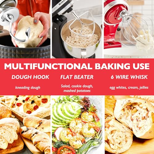 Wiselet Stainless Steel Accessories for KitchenAid 4.5-5 Qt Tilt Head Stand Mixer, Includes 6 Wire Whisk, Flat Beater, Dough Hook for KitchenAid, Dishwasher Safe and Heavy Duty, Fits for KSM45, KSM150 - Image 3