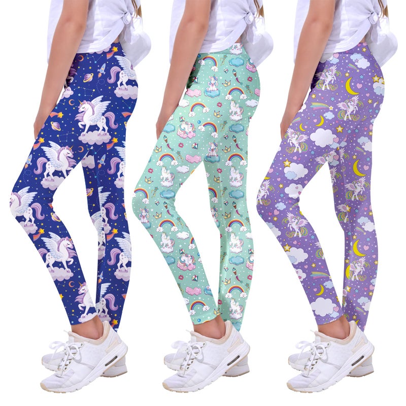 Quedoris Girls 3-Pack Printed Leggings Unicorn Kingdom/Sky/Galaxy Unicorn 130Y - Image 1