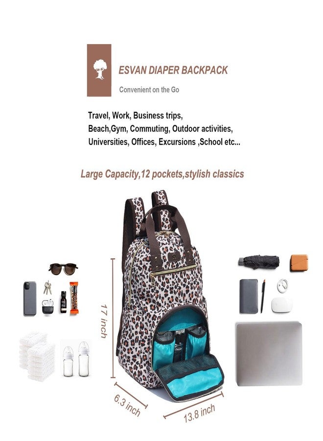 ESVAN Diaper Bag Backpack, Large Capacity Multifunction Baby Essentials Fashion Travel Pack Linen Canvas office Laptop Bag, Canvas Leopard Print, Large, Back Side Sleeve - Image 3
