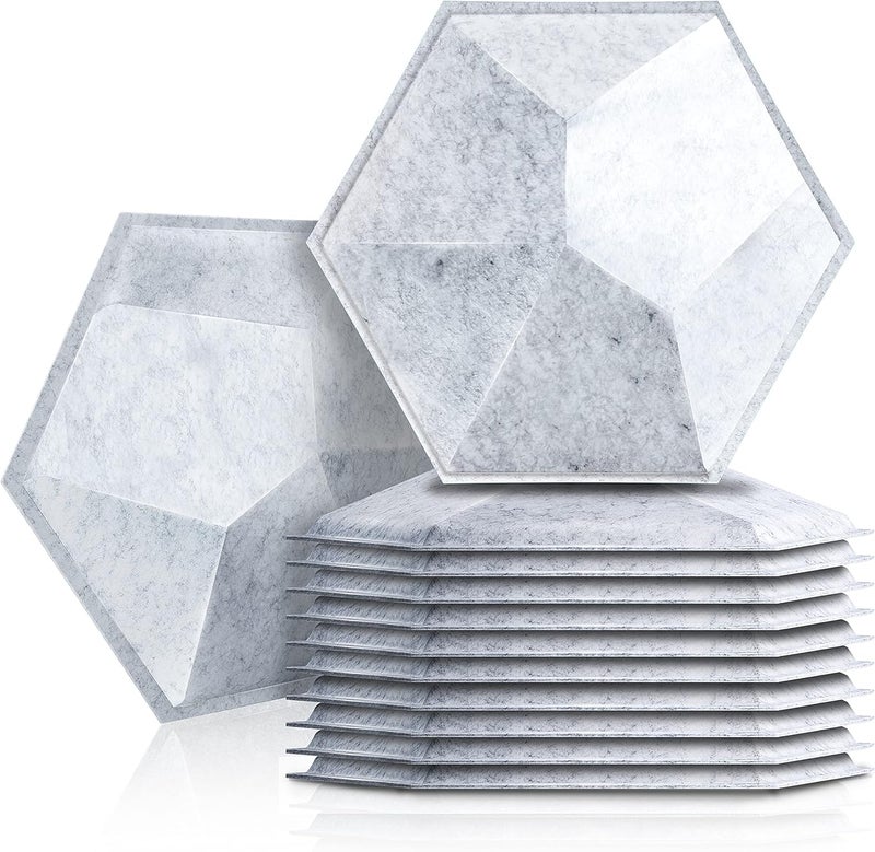 Sonic Acoustics حزمة من 12 لوحة صوتية هكسائية من ، مقاسات 14" × 12" × 0.4"، عالية الكثافة، تمتص الصوت، عازلة للصوت، بحواف مائلة، للاستخدام في الاستوديوهات، لون رمادي فضي ثلاثي الأبعاد - Image 1