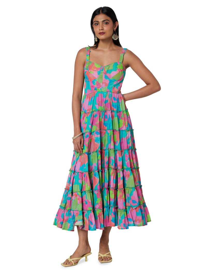 Biba Women Turquoise Cotton Floral Printed Tiered Dress_32 - Image 1