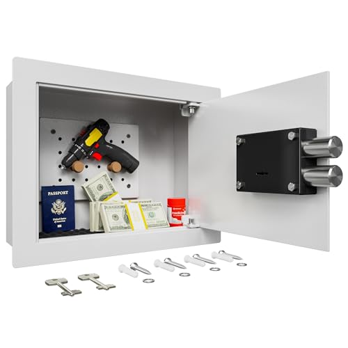 KornerBatl Small Hidden In Wall Safe Between 16" Studs, 0.327 cu ft Security Floor Safe with Removable Pegboard, Key Access White In Wall Safe for Jewelry, Passport, Document Storage - Image 1