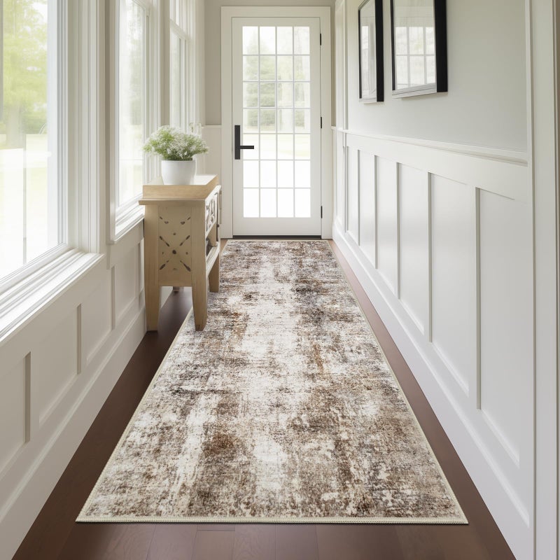 Capslpad 2x8 Brown Abstract Hallway Runner, Ultra Soft Fabric Washable Runner Rug, Non-Slip Rubber Backing, Stain Resistant Low Pile Runners for Hallways, Kitchen, Entryway, Bedroom, Laundry - Image 1