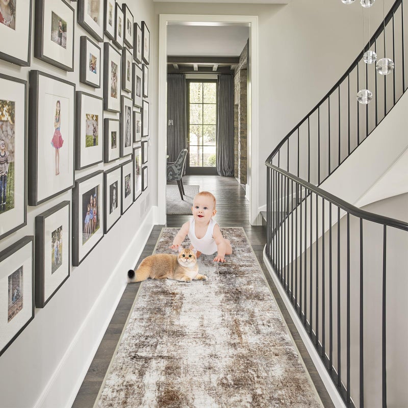 Capslpad 2x8 Brown Abstract Hallway Runner, Ultra Soft Fabric Washable Runner Rug, Non-Slip Rubber Backing, Stain Resistant Low Pile Runners for Hallways, Kitchen, Entryway, Bedroom, Laundry - Image 4