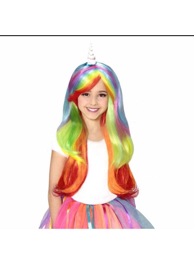 Generic Christmas Halloween Womens Dance Cosplay Princess Cute Unicorn Colorful Rainbow Tail Childrens Wig Pre-Lace Hair Cover Rainbow Earless Unicorn