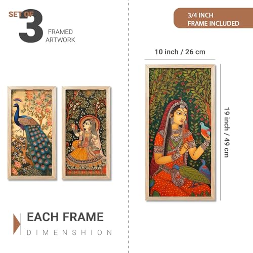 walllane - Traditional Indian Art Wall Décor Paintings | Painting for wall Decoration | Madhubani Art Painting with Frame for Living Room (10 x 19 inch) set of 3 - Image 2