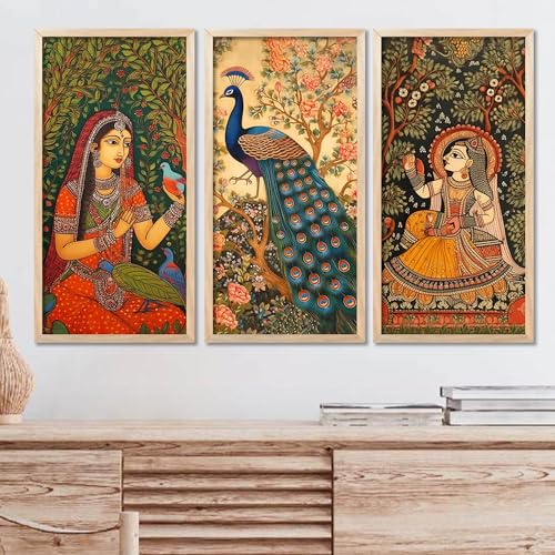 walllane - Traditional Indian Art Wall Décor Paintings | Painting for wall Decoration | Madhubani Art Painting with Frame for Living Room (10 x 19 inch) set of 3 - Image 1