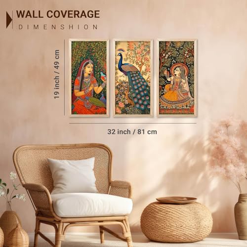 walllane - Traditional Indian Art Wall Décor Paintings | Painting for wall Decoration | Madhubani Art Painting with Frame for Living Room (10 x 19 inch) set of 3 - Image 3