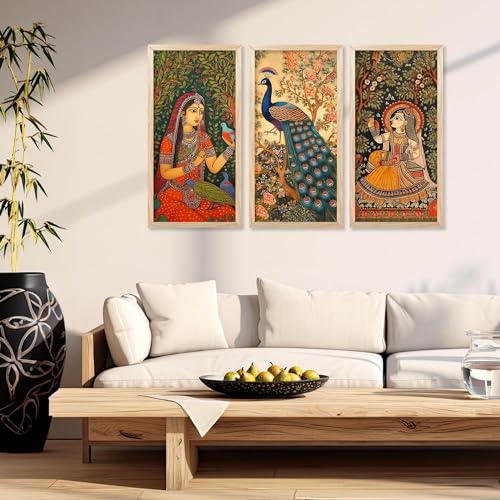 walllane - Traditional Indian Art Wall Décor Paintings | Painting for wall Decoration | Madhubani Art Painting with Frame for Living Room (10 x 19 inch) set of 3 - Image 4