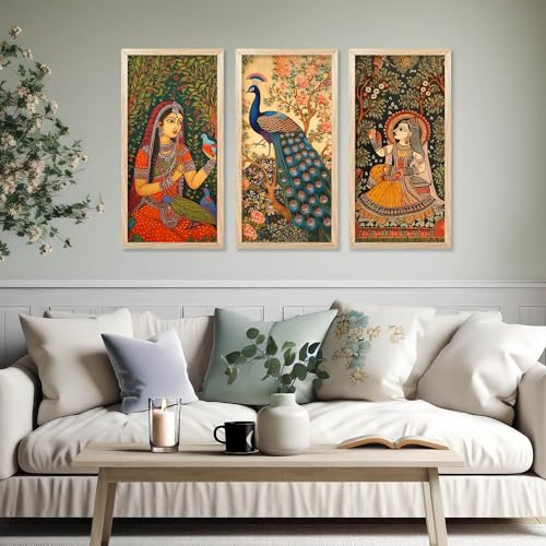 walllane - Traditional Indian Art Wall Décor Paintings | Painting for wall Decoration | Madhubani Art Painting with Frame for Living Room (10 x 19 inch) set of 3 - Image 5
