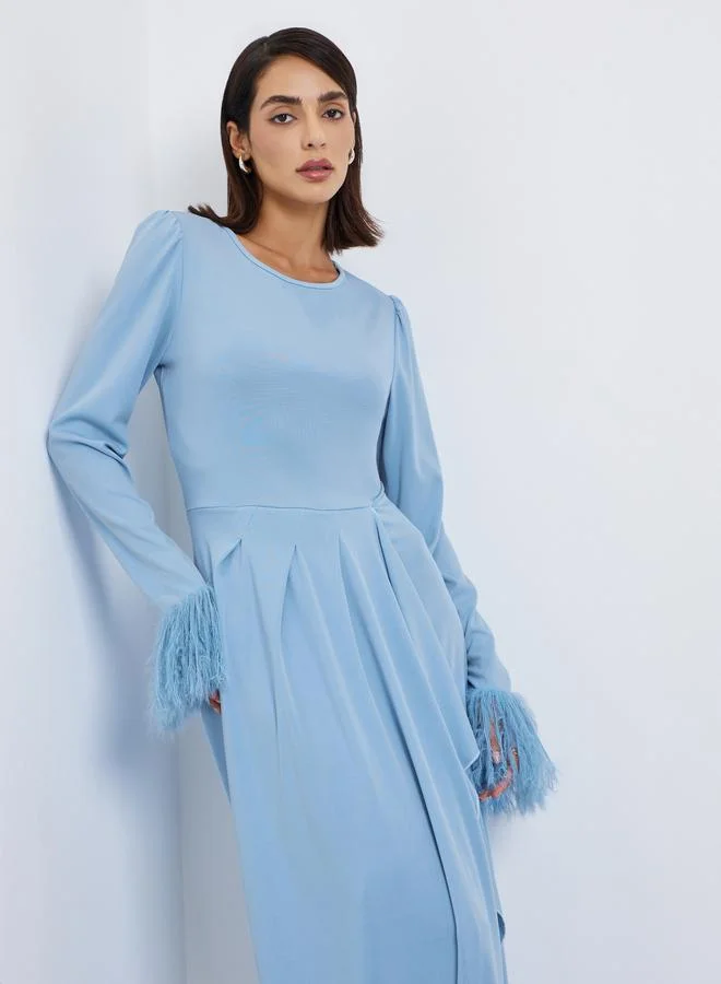 ستايلي فستان سهرة ميدي بأساور ريش