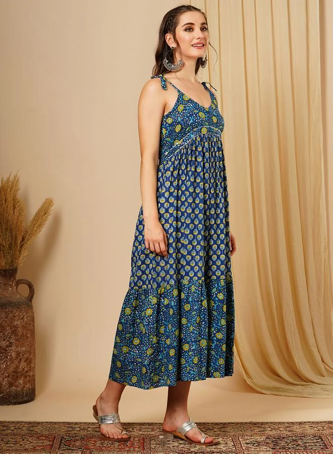 جلو باص Globus Women Blue Floral Print Tie Sleeves A-Line Midi Dress
