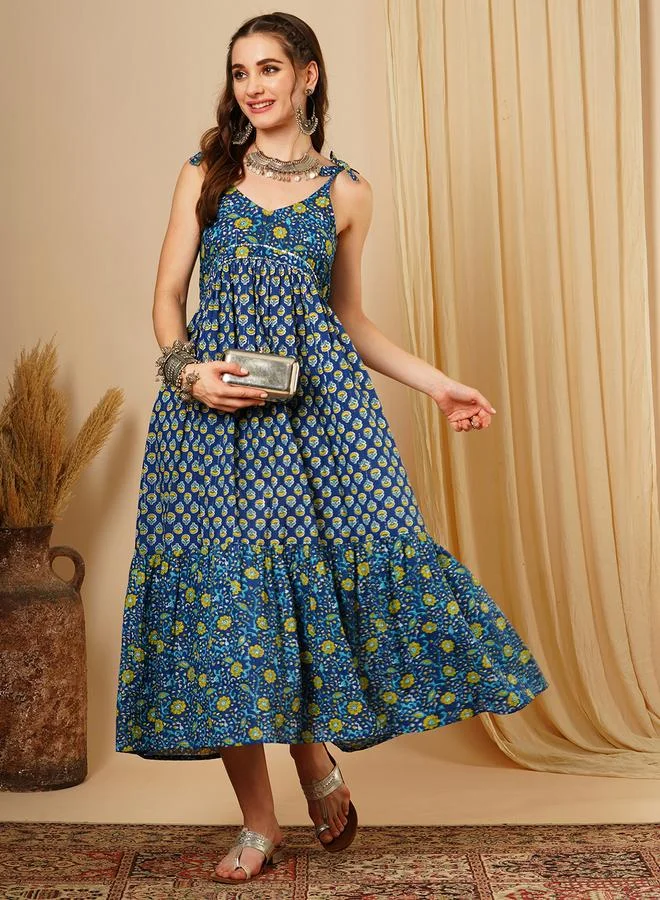 جلو باص Globus Women Blue Floral Print Tie Sleeves A-Line Midi Dress