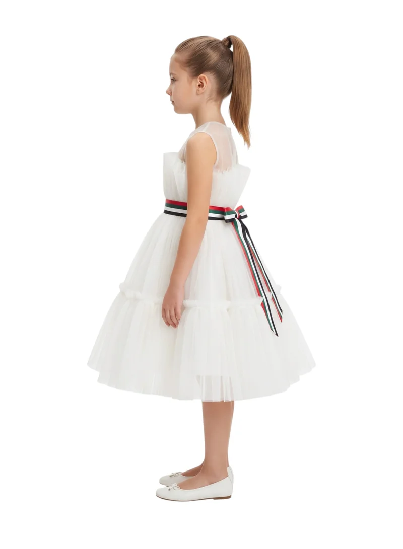 بيداني Girls 2-in-1 White Pleated Tulle Tutu Party Dress with Removable UAE Flag Belt