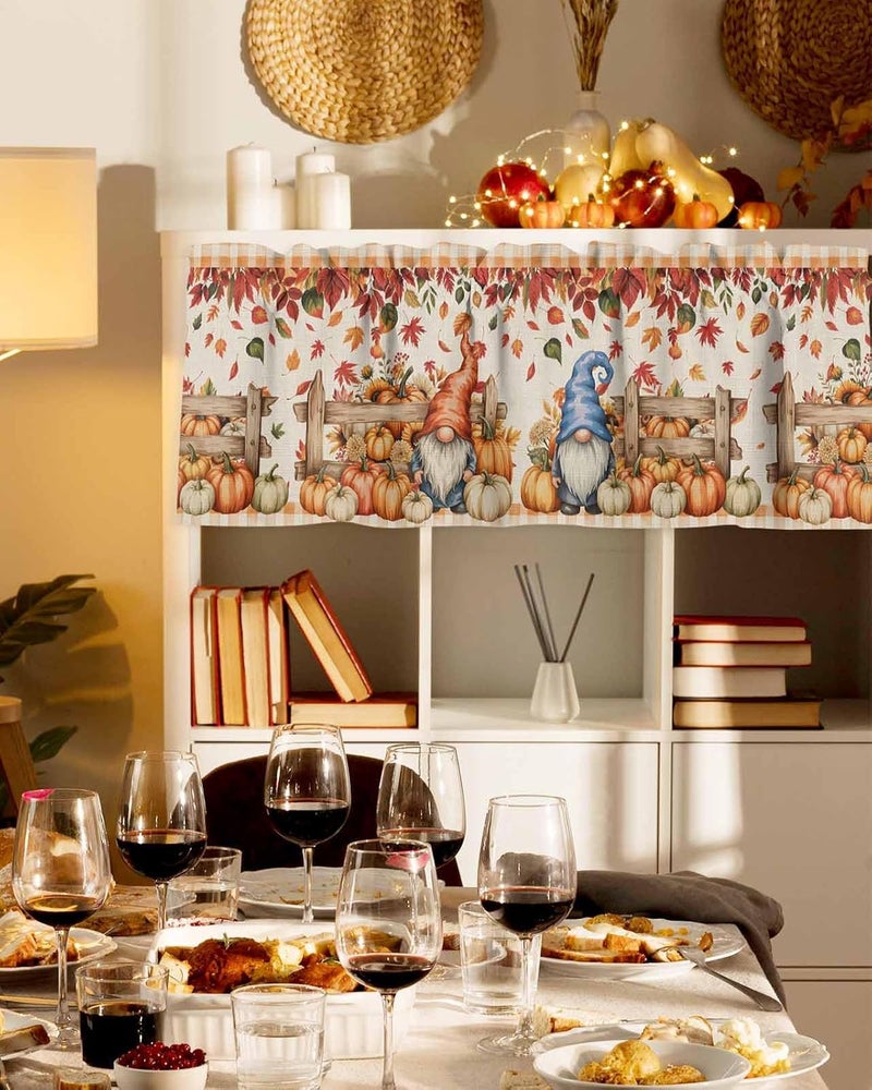 Fall Thanksgiving Curtain Valances Pumpkin Gnomes Valance for Kitchen Windows Retro Farmhouse Maple Leaves Rod Pocket Valance Curtains for Living Room Bedroom Small Windows Home Decor 42x12in - Image 3